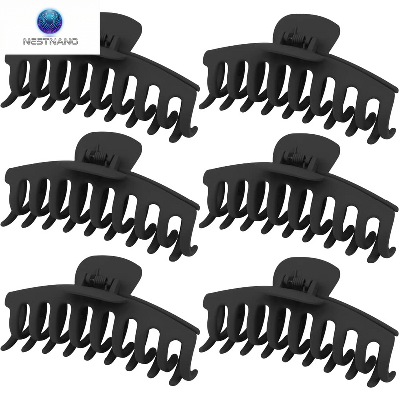 Chic Matte Black Hair Claw Clips Set of 6 - Large Non-Slip Ponytail Holders for Thick Hair