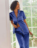 Womens Satin Pajama Sets Silky Sleepwear Short Sleeve Button down Shirts and Long Pant Loungewear 2 Piece Pjs Set