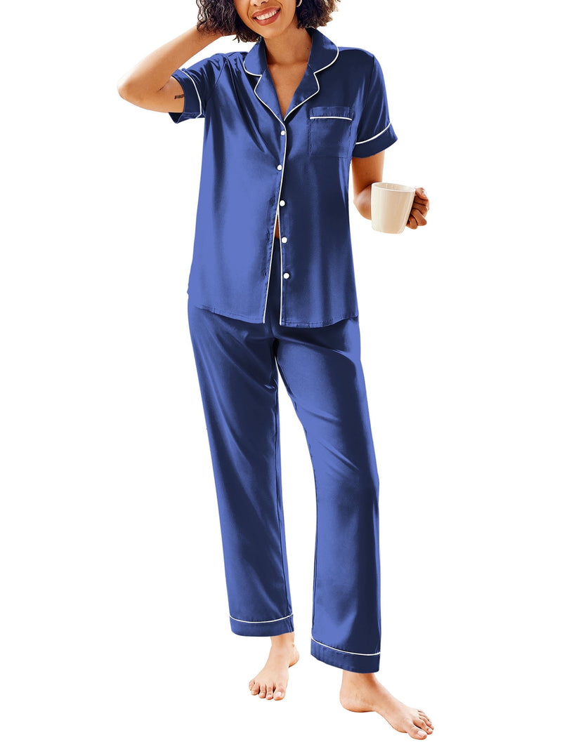 Womens Satin Pajama Sets Silky Sleepwear Short Sleeve Button down Shirts and Long Pant Loungewear 2 Piece Pjs Set