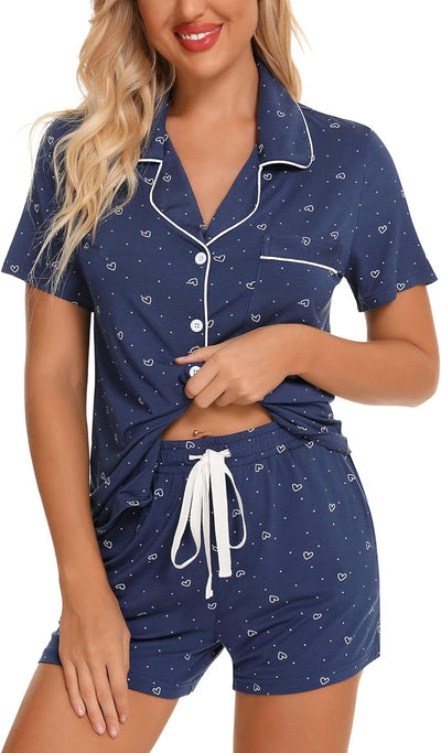 Women's Short Sleeve Pajama Set - Button Down Nightwear with Shorts, Soft Fabric, Available in Sizes S-XXL