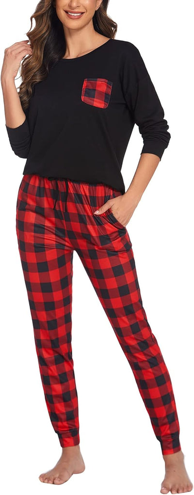 Women's Short Sleeve Pajama Set with Cute Printed Tops and Pants - 2 Piece Joggers Loungewear Sleepwear with Pockets