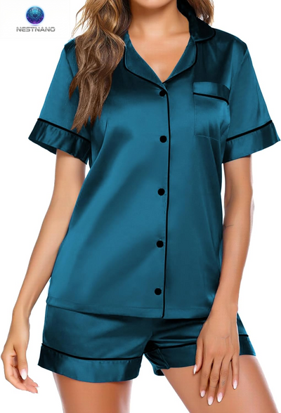Women's Silk Satin Pajama Set - Button Down Sleepwear Top and Shorts Loungewear, Available in Sizes S-XXL